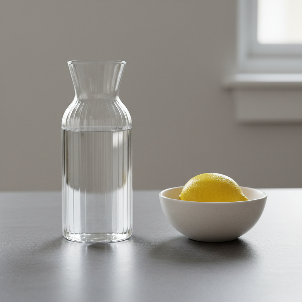 A transparent glass water carafe, perfectly clear with subtle vertical ridges, stands on a flawless matte grey stone counter. Next to it sits a smooth white ceramic bowl containing a single fresh lemon, vibrant but understated. The arrangement is illuminated by cool, diffuse morning light streaming in from a nearby window, creating soft reflections on the carafe and delicate shadows beneath the bowl. The clean background and structured layout keep the scene free of clutter, highlighting simplicity and refreshment. Photographed at eye level with a sharp focus and subtle depth, the ambiance is calming, pure, and reassuring—matching the site’s emphasis on practical self-care and a minimalist approach to wellness.
